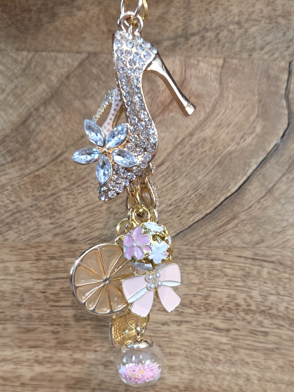 Gold and Pink Sparkly Crystal High Heel Charm Pendant - Key & Bag Charm